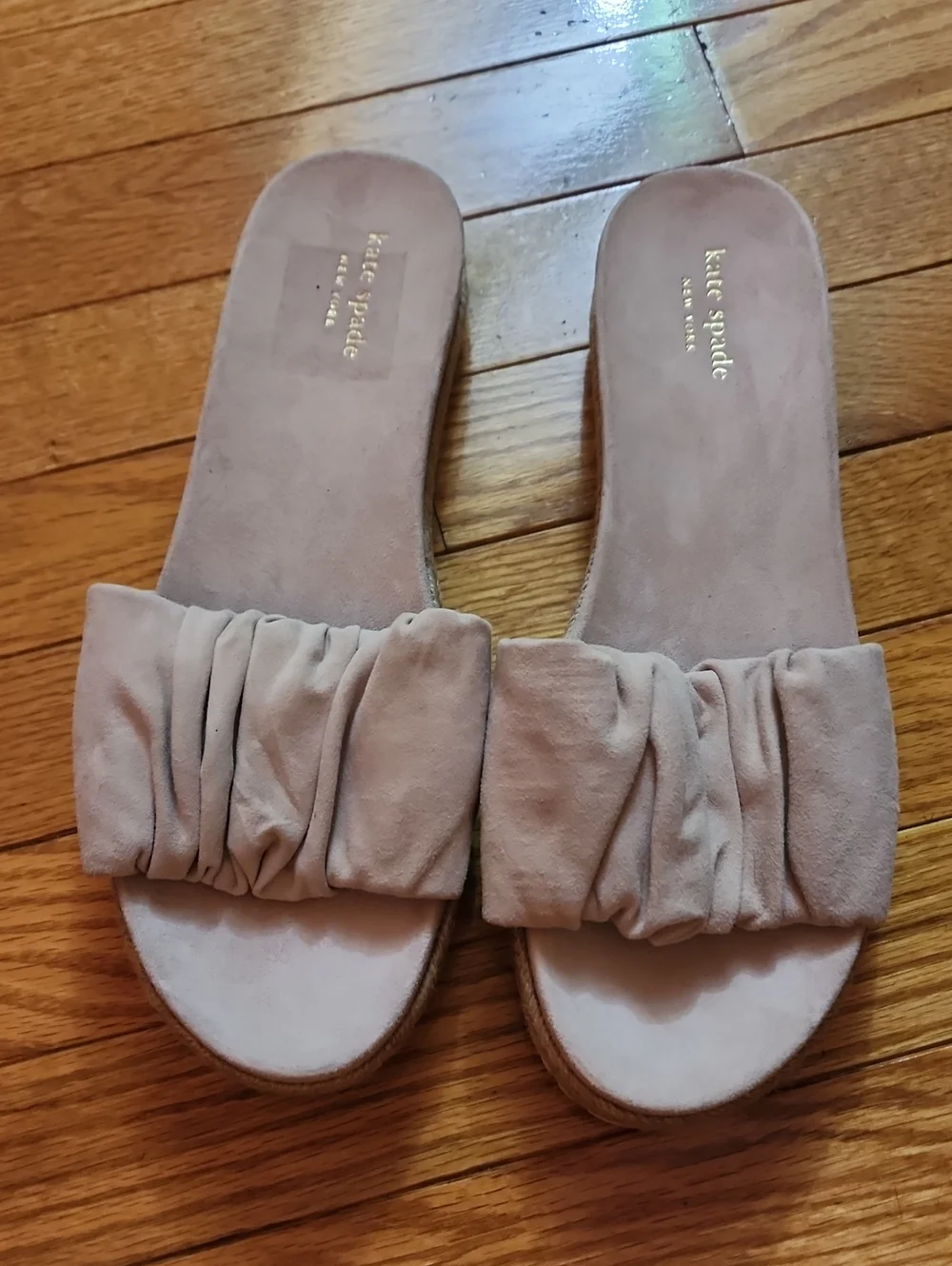 kate spade Zira  Blush Ruched Suede Low Platform Espradrille Slide Mules